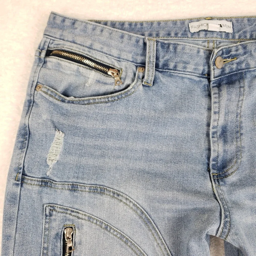 Fashion Nova Men Light Wash Moto Distressed Skinny Jeans Blue Size 36 Ankle Zip